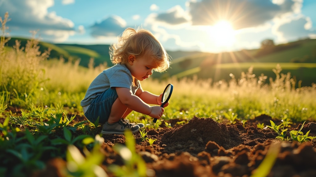 bambino che guarda i batteri con la lente