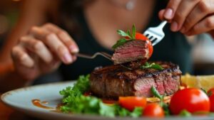 donna che mangia una bistecca per la vitamina b12